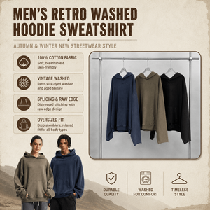 <b>Men</b> Retro Washed Hoodie Sweatshirt 100 Cotton Oversized Streetwear <b>Pullover</b> Raw Edge Splicing Autumn Winter Wholesale OEM - Product Image 3
