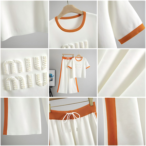 Nuovo Completo Estivo Antirughe da Donna: Top <span class=keywords><strong>a</strong></span> <span class=keywords><strong>Righe</strong></span> con Perline <span class=keywords><strong>a</strong></span> Maniche Corte <span class=keywords><strong>e</strong></span> Pantaloni <span class=keywords><strong>a</strong></span> Gamba Larga, Set Casual - Product Image 3
