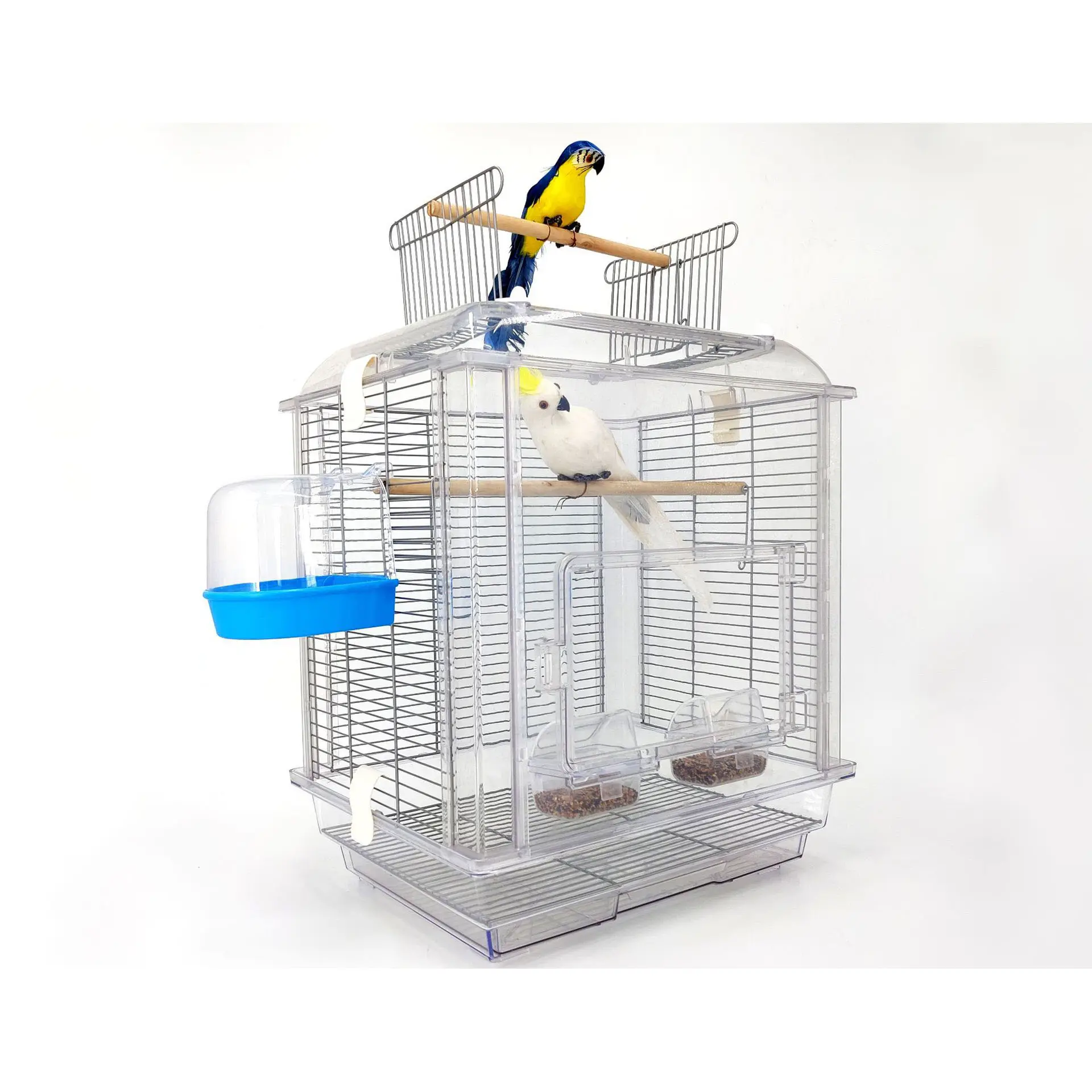 Jiangshun OEM ODM sıcak yüksek kaliteli güvenlik plastik atmak sopa ve yemek kasesi temizle dekorasyon metal asılı kafesleri kuşlar