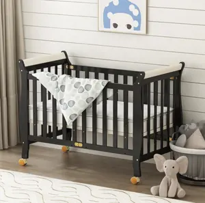 高品质黑色婴儿床可折叠可调节木制婴儿床