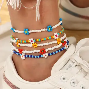 Bohemian Colorful Flower Pendant Feet Chain Fashion Beach Style Daisy Beaded Jewelry Anklets For Women