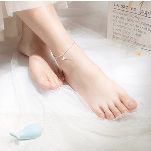 Tobillera de cola de sirena Unisex WMS2474, cadena de serpiente pulida de plata de ley con abalorio, tobillera de moda ajustable con cola de pez de ballena - Product Image 4