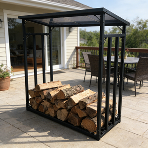 Support à <span class=keywords><strong>bois</strong></span> <span class=keywords><strong>de</strong></span> <span class=keywords><strong>chauffage</strong></span> à 2 niveaux, double rangement, en acier robuste, pour foyer extérieur et patio - Product Image 5