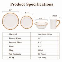 Service de table 16 pièces en porcelaine New Bone China avec rebord en bambou 3D en relief, texture réaliste, durable, assiettes, bols, tasses, compatible micro-ondes
