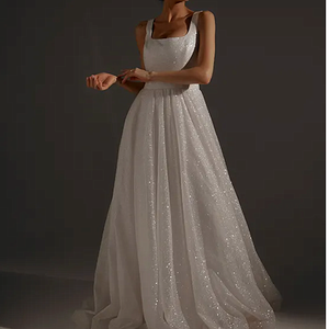 Abito da Sposa Moderno ed Elegante Senza Maniche per Donna, Alta Qualità, Piccola Coda, Paillettes Luccicanti, Linea A, Lunghezza Pavimento, Design con Lacci sulla Schiena - Product Image 1