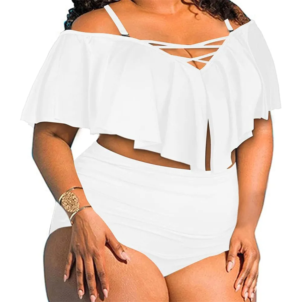 Trajes de baño de cintura alta para mujer, traje de baño brasileño de dos piezas de talla grande con curvas apiladas personalizadas, baño triangular