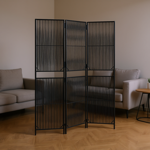 Paravent moderne en polyrotin noir à 3 panneaux, pliable, design translucide, décoration intérieure - Product Image 2