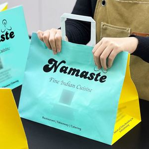 Custom Printed Logo Eco-Friendly Disposable Recyclable Biodegradable Kraft Paper <b>Bags</b> Flat Handles for Indian Cuisine Restaurant - Product Image 5