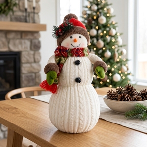 Rustic Red Fur-Trimmed Hat Snowman Plushie with <b>Green</b> Mittens for Cozy Winter <b>Table</b> Decor Wholesale - Product Image 2