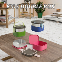 Boîte à lunch pour enfants en acier inoxydable double couche, 2 compartiments, conservation de la chaleur, compatible micro-ondes, matériau de qualité alimentaire, carrée