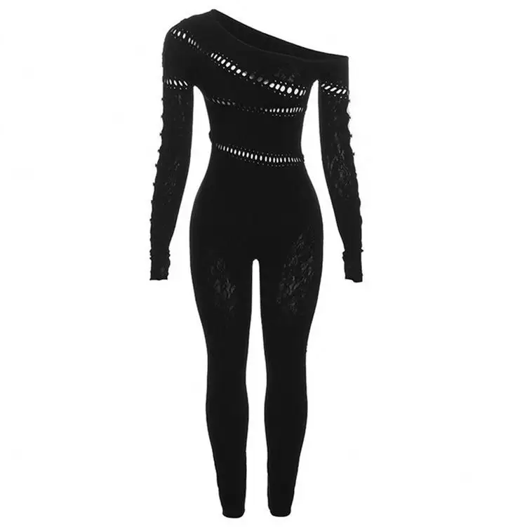 2023 New Fashion Solid Jacquard Sexy Women One Shoulder Long Sleeve Rhinestone Hollow Out Mesh Lace Bodysuit Catsuit Jumpsuit