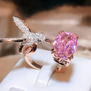 Bagues ouvertes CAOSHI en zircon rose brillant de forme coussin, design oiseau et géométrique, plaquées or rose, pour mariage et mariée - Product Image 2
