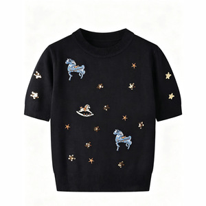 Dalang Sweater Factory <b>Women's</b> Embroidered Knitted Short Sleeve <b>Top</b> Crew Neck <b>Sequin</b> Pony Design Loose Fit Soft Knitwear - Product Image 2