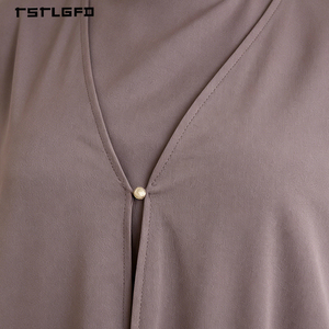 Women Mocha Brown Abaya Double Layer Pleated <b>Flared</b> Cuff Mock Neck Long Sleeve Modest Muslim Casual Elegant Maxi Dress Robe - Product Image 6
