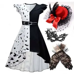 Halloween Cosplay Costume Filles Noir Blanc Jeu de Rôle Cruella Costume Ensemble Complet