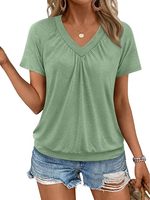 Camisetas de Manga Corta con Cuello en V para Mujer, BSCI, Ropa de Playa para Verano/Primavera 2026, Estilo Casual, Holgada y Fruncida