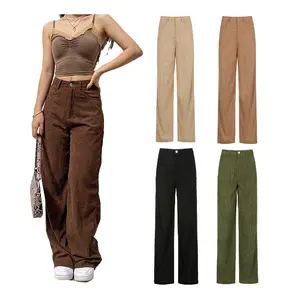 Women Vintage 90S Patched Fashion Corduroy High Waist Trousers Straight Long Pants