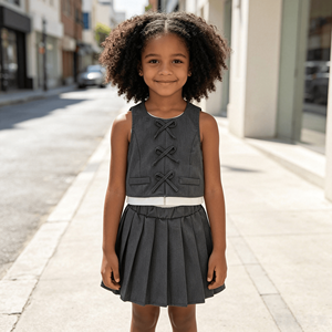 Conjunto de 2 Piezas para Niñas: Chaleco sin Mangas con Cuello Halter y Nudo Chino, Minifalda Plisada con Cintura Elástica y Bolsillos, Estilo Preppy Casual - Product Image 5