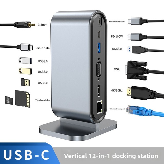 12-Port Vertical USB-C Aluminum Alloy Docking Station with for and 4K Screen Projection Adapter for Notebook/Workstation