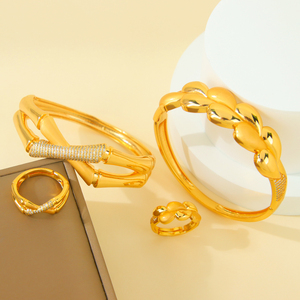 Parure de bijoux tendance en zircone de Dubaï, plaqué or 21 carats, design givré exquis, bracelets et bagues pour femme, bijoux de mariage nuptial - Product Image 2