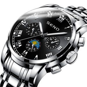 Relojes de Pulsera Deportivos de Negocios con Cronógrafo y Fase Lunar de Acero Inoxidable Color Negro Plateado de la Marca SENO para Hombre - Product Image 2