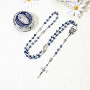 Chapelet artisanal en perles imitation perle et verre, Notre-Dame de la Vierge <span class=keywords><strong>Marie</strong></span>, catholique, pour cadeau de baptême - Product Image 4