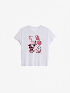T-shirt da donna bianca con motivo a cuore di gnomo di San Valentino, a maniche corte, girocollo, casual, stampata, in jersey di cotone, per primavera estate - Product Image 1