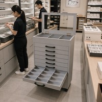 Nouvelle conception : Vitrine à lunettes en cuir gris avec miroir et tiroirs, organisateur d'échantillons pour le rangement des lunettes