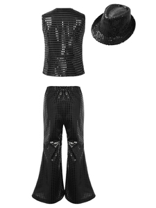 Kids Hand-wash Sparkly Jazz Stage Style Full Sequin V-neck Vest and Flared <b>Pants</b> 3 Piece Set for Boys Girls Custom Performance - Product Image 3