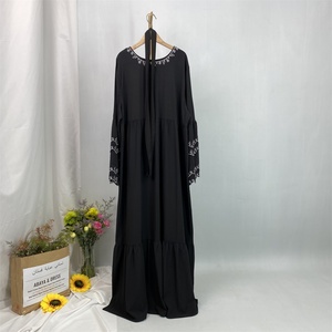 Cute Crew Neck With White Flowers Embroidery Double Layers Trumpet Sleeves Muslim Islamic Women Abaya Dress 6110# - Product Image 2