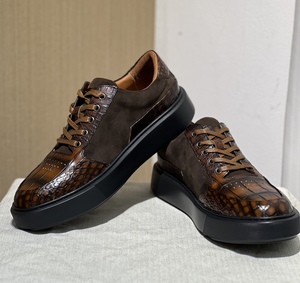 Baskets décontractées pour hommes en cuir de crocodile 100 % véritable, marron, à lacets, basses, de luxe, style skate - Product Image 2