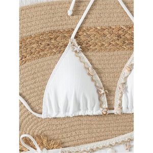FOXA Women's 2 Piece <b>Bikini</b> <b>Set</b> Halter Triangle With Shell Trim Tie Side <b>String</b> Thong Bathing Suit - Product Image 4