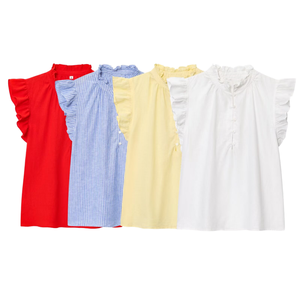 เสื้อผู้หญิงแบบสวม คอระบาย 4 สี ดีไซน์เรียบง่าย สีพื้น ผ้าทอ ระบายอากาศได้ดี สไตล์วินเทจ ทรงปกติ - Product Image 1