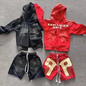 Individuelles Logo OEM&ODM Säure-Wäsche Sonne verblasst beschädigt Vintage Hoodie und Sweatshorts voller Reißverschluss Hoodie Puffdruck Shorts-Set Herren