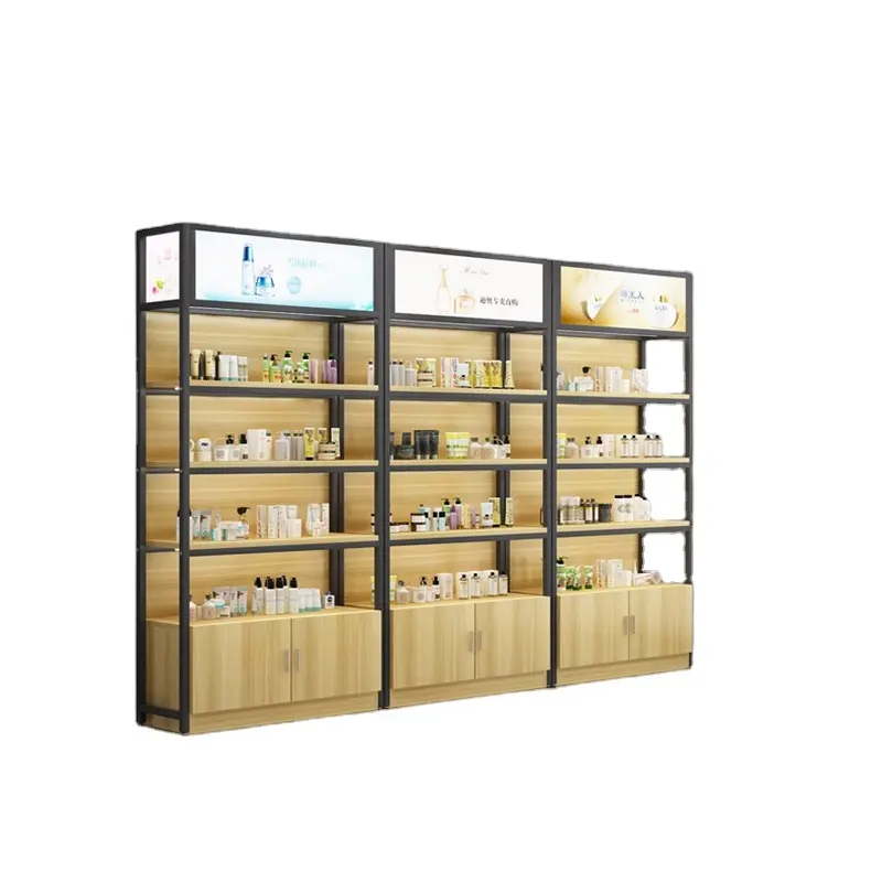 Fashion Style Store Cosmetic Products Display Shelf Baby Skin Care Products Iron Wood Display Stand