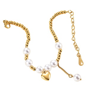 Heart Shaped Imitation Pearl <b>Bead</b> <b>Bracelet</b> Steel <b>Gold</b> White Women's Everyday Wear Jewelry - Product Image 5