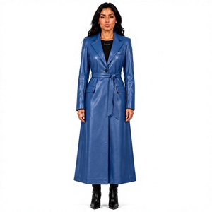 Manteau long en cuir PU bleu pour femme Tiierwear avec ceinture et poches plaquées, élégant vêtement d'extérieur pour l'automne - Product Image 1