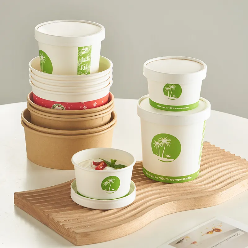 Custom Printing Food Container Paper Bowls Set Take Away Biodegradable Rounded Disposable Color 8 Oz 21oz 26 Oz 450ml 850ml