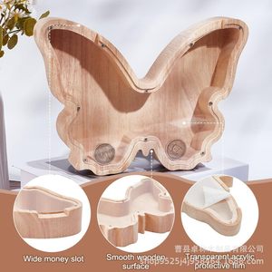 Hucha de madera para estudiantes, caja de almacenamiento de monedas y cambio, hucha de madera maciza con mariposa transparente de acrílico - Product Image 2