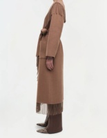 Manteau long coupe-vent en laine de chameau/polyester, col rabattu, ceinture, ourlet à franges, style bohème pour femmes