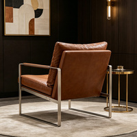 Fauteuil moderne en cuir véritable avec structure en acier et accent en panneau de bois |   Meubles de loisirs pour la maison, le bureau, le salon, l'hôtel