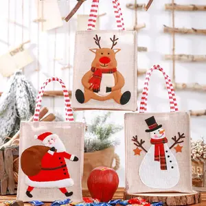 Nuevo bolso bordado de lino decorativo navideño para bolsa de regalo para niños, bolsa de dulces, bolsa de almacenamiento