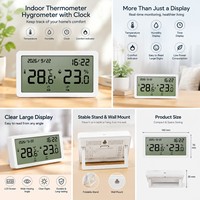 Thermomètre hygromètre numérique LCD d'intérieur avec horloge, moniteur de température et d'humidité, fixation murale, matériau PVC, style moderne, promotionnel