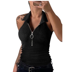 Private Label <b>Women</b> Ribbed Knit Tank <b>Top</b> <b>Zip</b> <b>Up</b> Spring Summer Casual <b>Top</b> Screen Printing Logo - Product Image 5