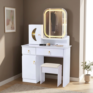 Modern White <b>Makeup</b> Vanity Table with Lighted <b>Mirror</b> and Storage Cabinet for Bedroom Furniture - Product Image 4