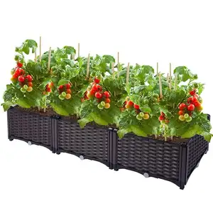 Cama de jardim em plástico quadrada empilhável, plantador de cama
