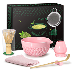 7-Piece Traditional Pink Ceramic Matcha <b>Tea</b> <b>Set</b> with Rhombus Bowl Bamboo Whisk <b>Tea</b> Scoop for <b>Tea</b> Enthusiasts - Product Image 1