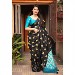 DISEÑADOR BANARASI BROCADO DE SEDA CON ZARI TRABAJO SAREE CON BLUSA DESCOSADA SKY - Product Image 1
