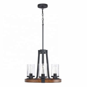 Lustres de ferme 3 lumières Finition noire <span class=keywords><strong>et</strong></span> <span class=keywords><strong>bois</strong></span> Abat-jour en verre transparent suspendu Suspension <span class=keywords><strong>salon</strong></span> Salle à manger Porche - Product Image 2