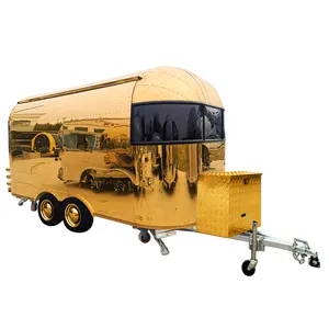 Luxury golden stainless steel tractor trailer, Airstream food truck coffee juice service